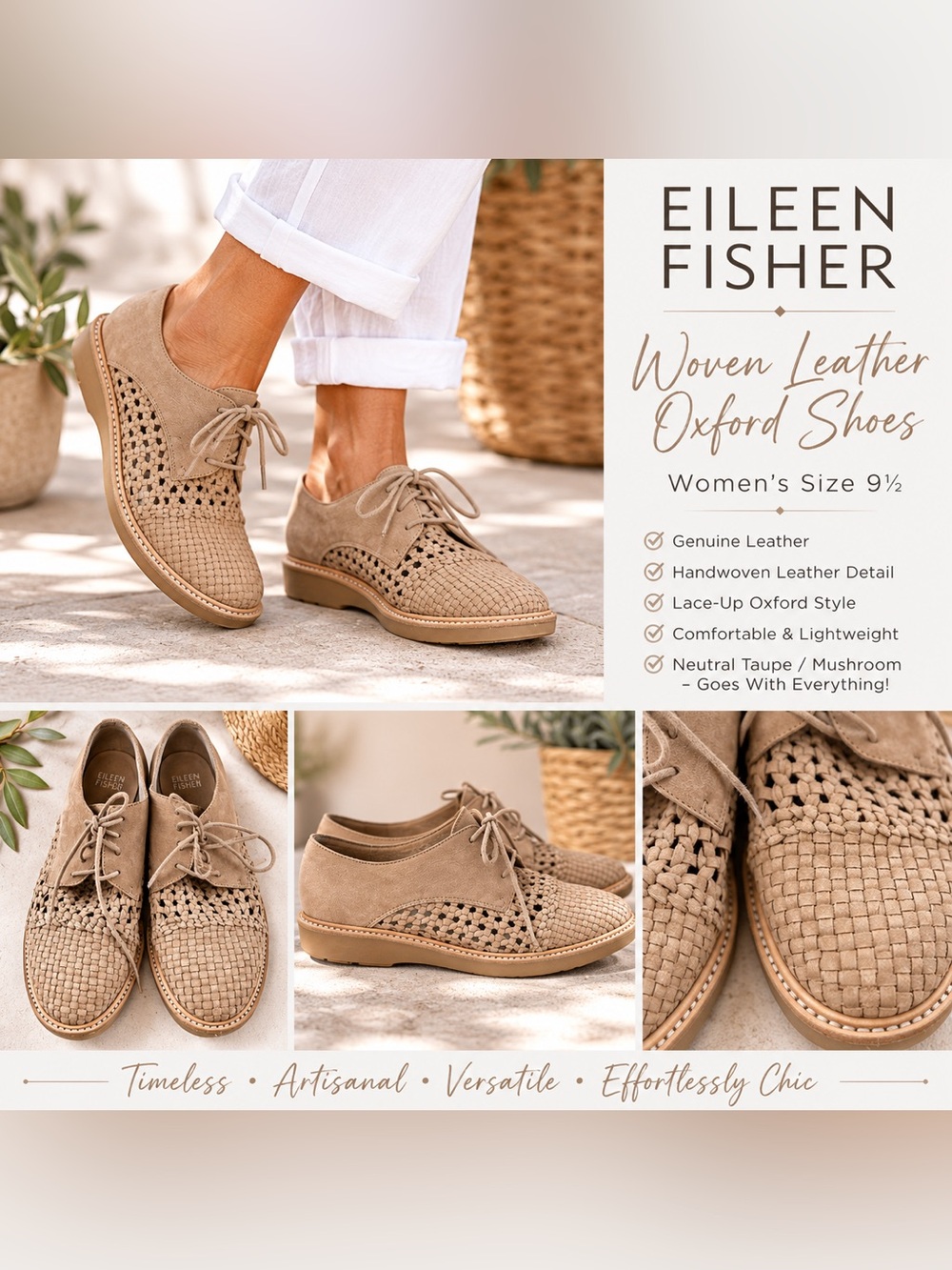 Eileen Fisher Woven Leather Oxford Shoes Taupe Lace-Up Size 9.5